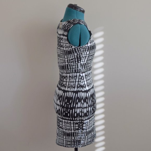 Sleeveless V-Neck Bodycon Form Fitting Mini Dress Black and White Pattern - Picture 3 of 9